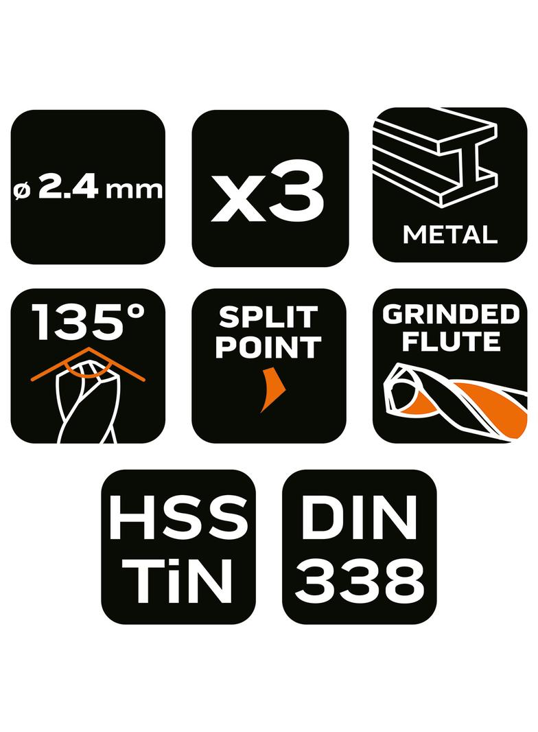 Wiertła do metalu HSS-TiN 2.4 mm, 3 szt.