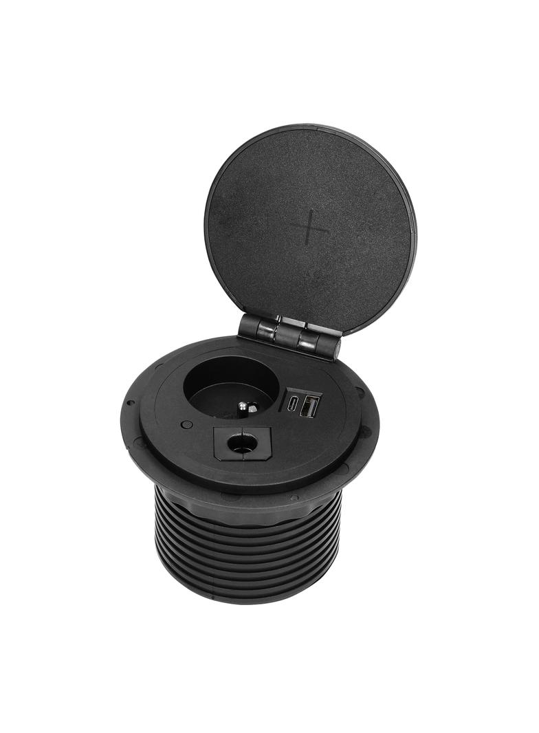 Gniazdo meblowe O8cm wpuszczane w blat z ładowarką indukcyjną ładowarką USB z 2 gniazdami A i C pr O