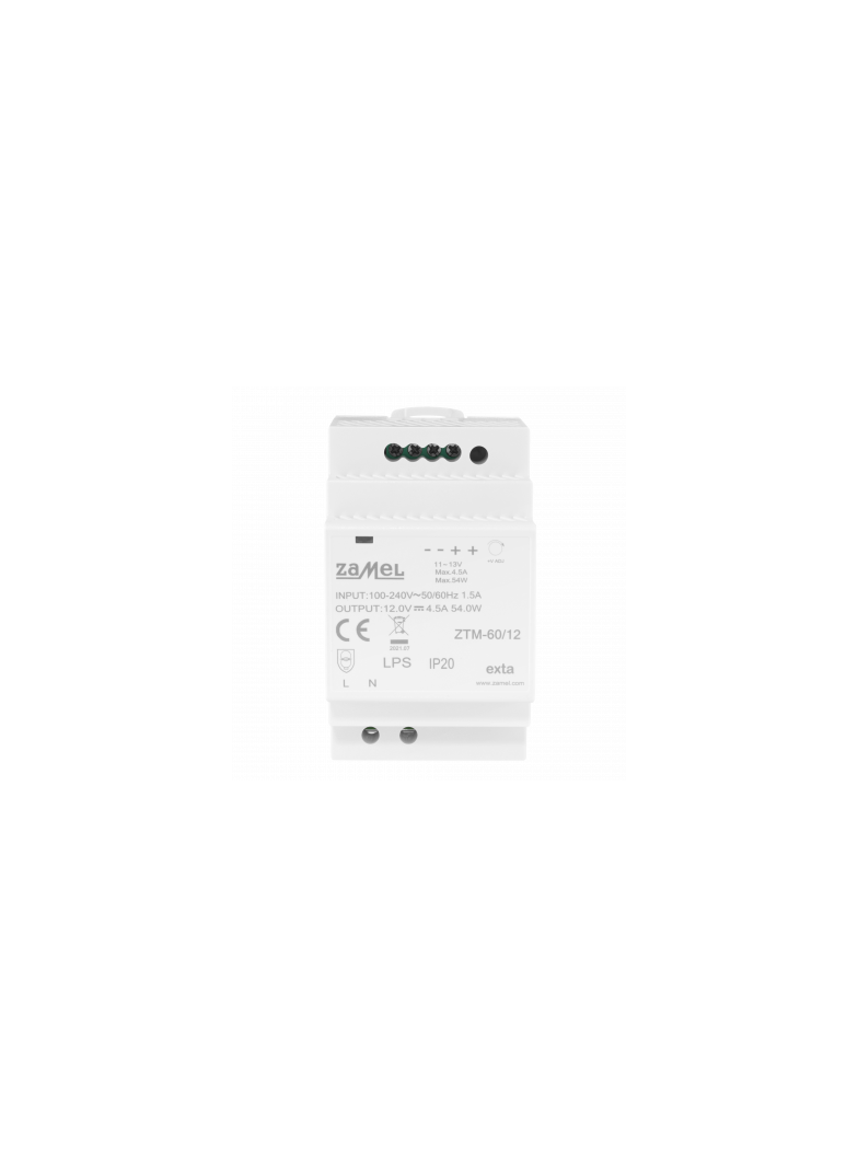 ZASILACZ IMPULSOWY MONTOWANY NA SZYNIE TH-35 (DIN) , 60W, 12V DC TYP: ZTM-60/12