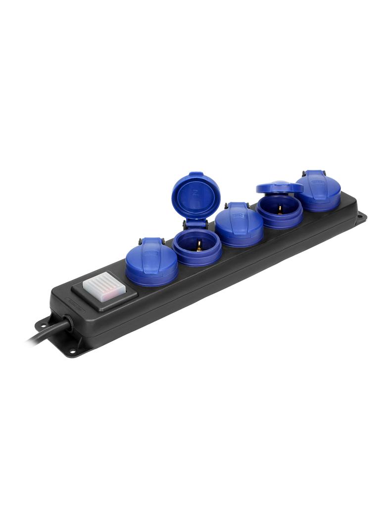 Przedłużacz warsztatowy bryzgoszczelny z wyłącznikiem, 5 gniazd 2P+Z, IP44, schuko przewód gumowy, H