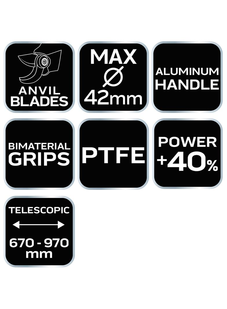 Kowadełkowy sekator do gałęzi 670 mm, zakres do 42 mm, przekładnia, teleskopowe uchwyty