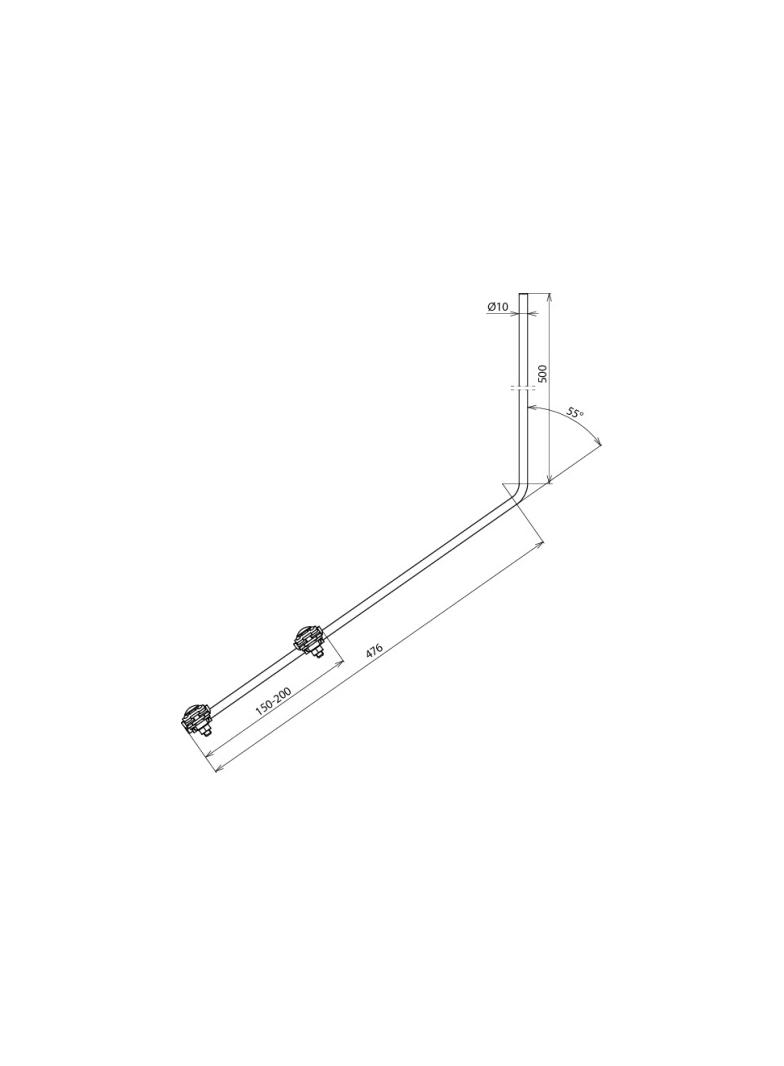 Iglica odgromowa Al wygięta 55 stopni, fi 10 mm dł. 1000 mm, z 2 zaciskami krawędziowymi, Al