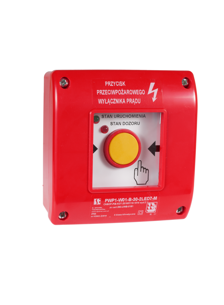 Ręczny przycisk ppoż wyłącznika prądu PWP 2Z 2LED zielony/czerwony 230V CNBOP SPAMEL