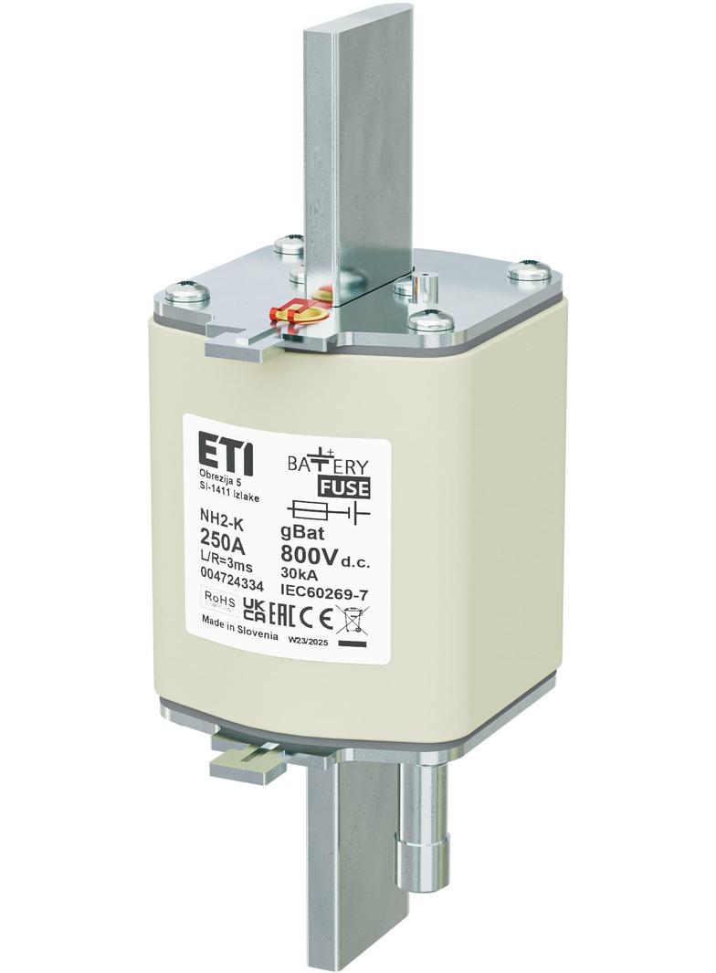 Wkładka topikowa NH do ochrony akumulatorów, magazynów energii DC z wybijakiem NH2/K gBat 250A 800V DC 004724334 ETI