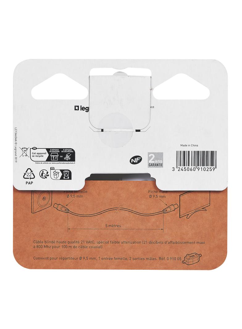 KABEL TV Z 1 WTYKIEM MĘSKIM O9,52 MM I 1 WTYKIEM ŻEŃSKIM O9,52 MM, DŁUGOŚĆ 5 M, Legrand