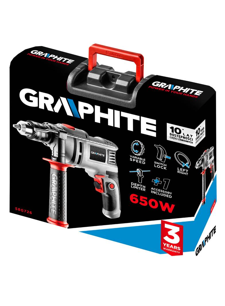Wiertarka udarowa 650W, uchwyt kluczykowy 13 mm, obroty 0-3000 min?1, walizka