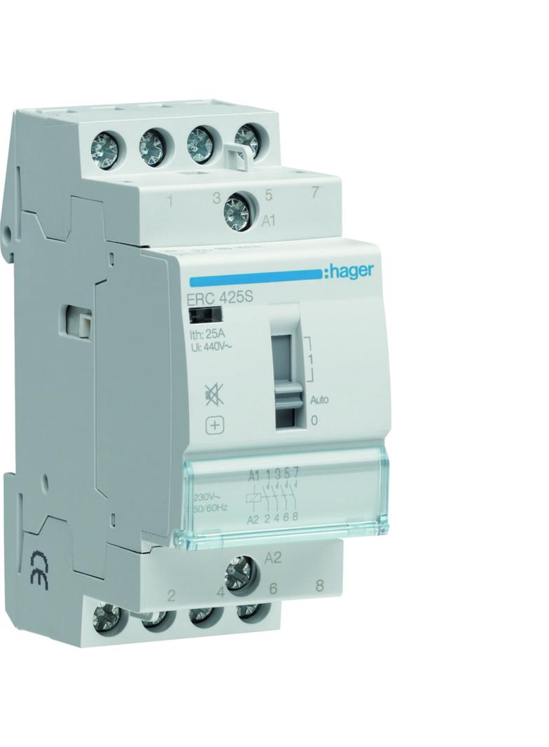 Stycznik modułowy cichy z możliwością sterowania ręcznego 230V AC 4Z 25A AC-7A B ERC425S HAGER