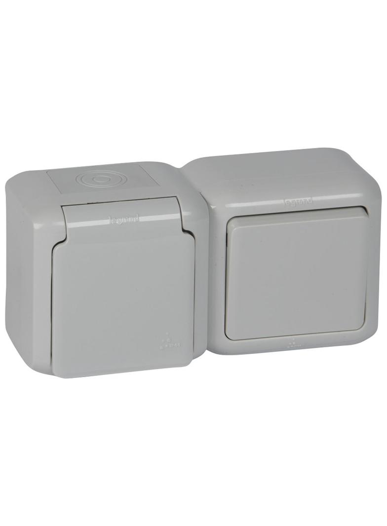 FORIX IP44 - ŁĄCZNIK SCHODOWY 10 AX + GNIAZDO 2P+Z 16 A - 250 V SZARE, Legrand