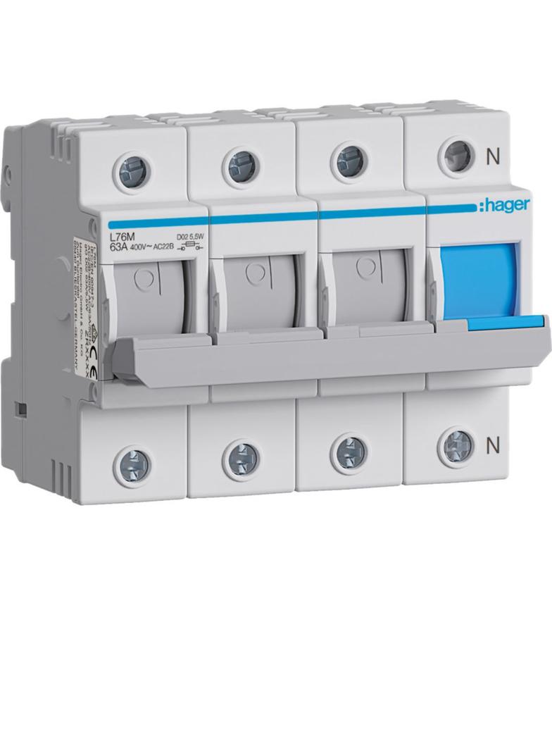 Modułowy rozłącznik bezpiecznikowy poziomy D02 3P+N 63A 400VAC 110/220VDC L76M HAGER