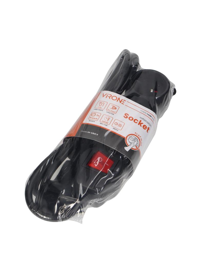 Przedłużacz 3-krotny z wyłącznikiem 1,5m H05VV-F 3x1,5mm2 Imax=16A płaska wtyczka czarny ES-5/B/1,5