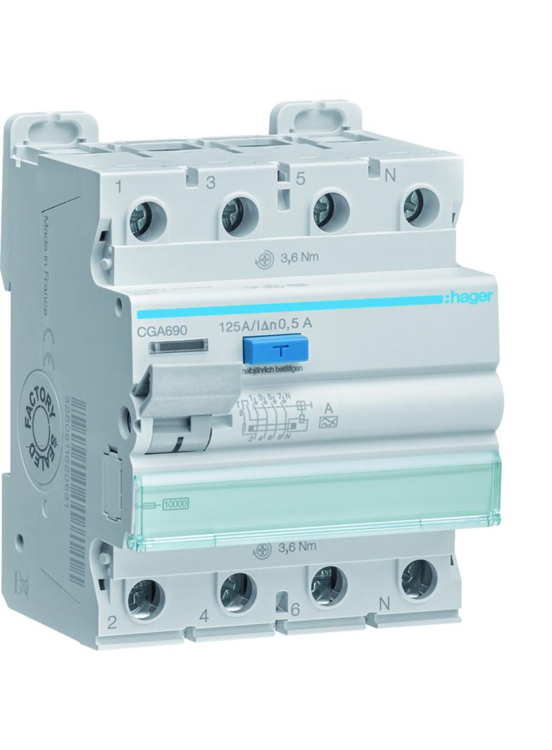 RCCB Wyłącznik różnicowoprądowy 3P+N 125A 500mA 10kA A CGA690 HAGER