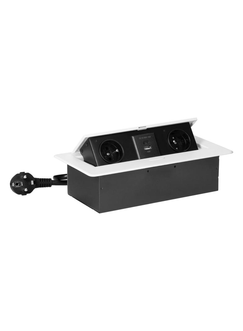 Gniazda meblowe wpuszczane w blat z płaskim frezowanym rantem, ładowarką USB i przewodem 1,5m, 2x2P+