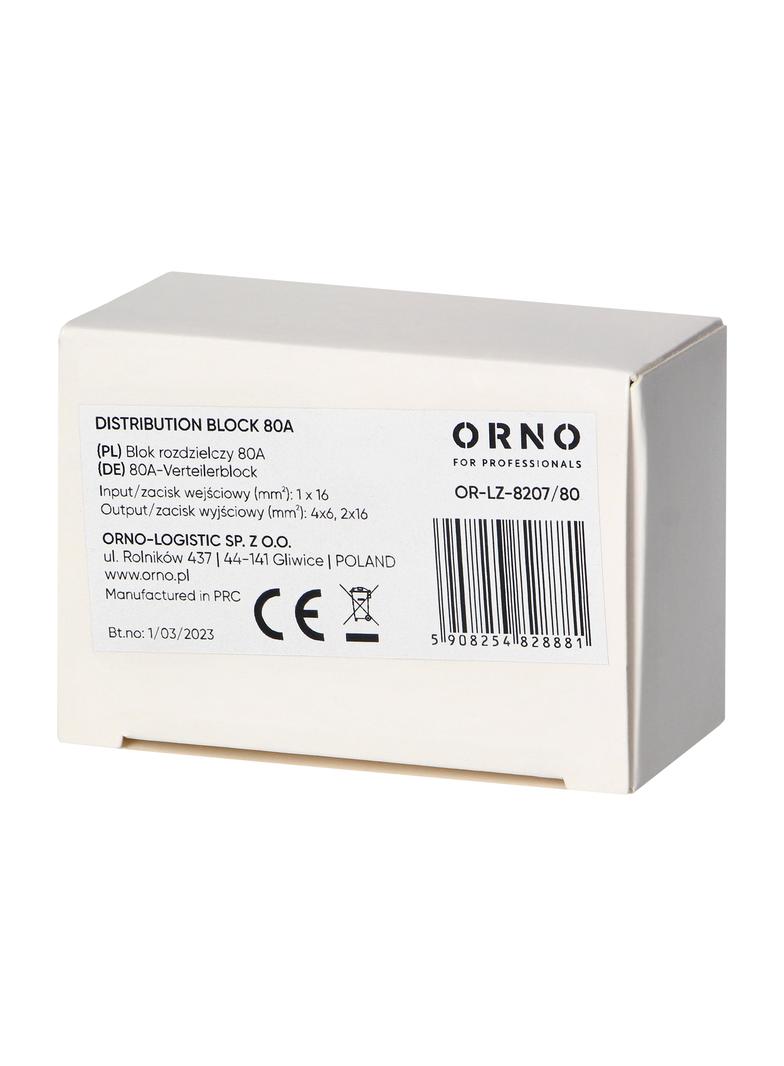 Blok rozdzielczy 80A zacisk wejściowy 16mm2 zaciski wyjściowe 4x6mm2 2x16mm2,wygodne mocowanie na OR-LZ-8207/80 ORNO
