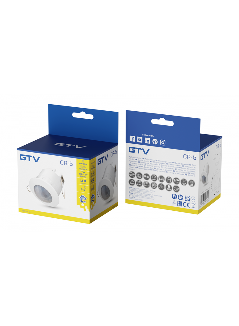 CZUJNIK RUCHU CR-5, MAX. 1200W, AC220-240V, 50/60HZ, KĄT DZIAŁANIA 360*, ZASIĘG 6M ± 2,2-4M, IP20, N