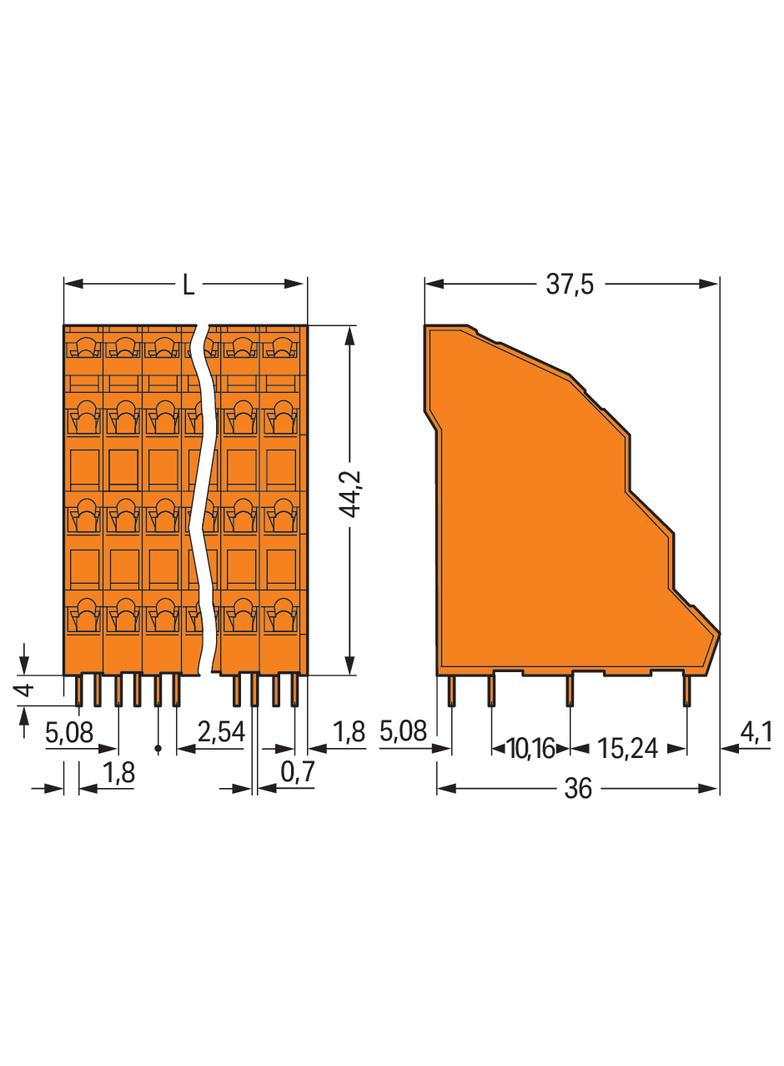 4-piętrowa listwa do pł. drukowanych 4 x 16 bieg. pomarań. raster 5,08 mm