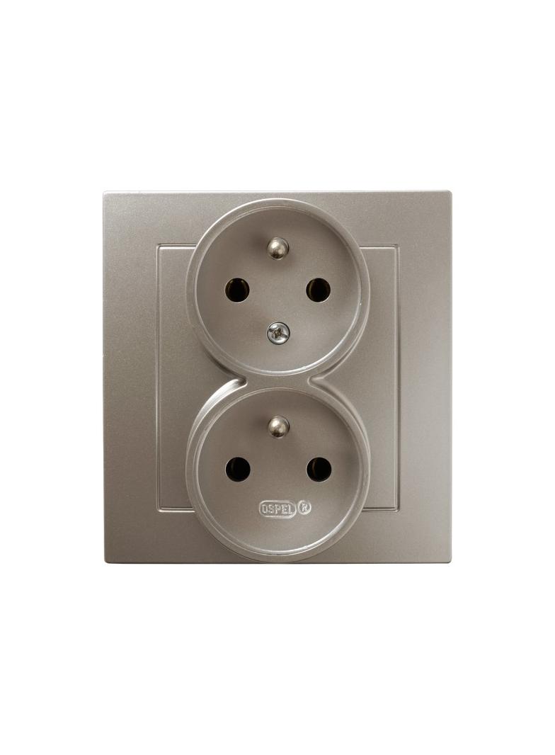 AS Gniazdo podwójne z uziemieniem z funkcją niezamienności faz, kompletne z ramką - kolor satyna lig