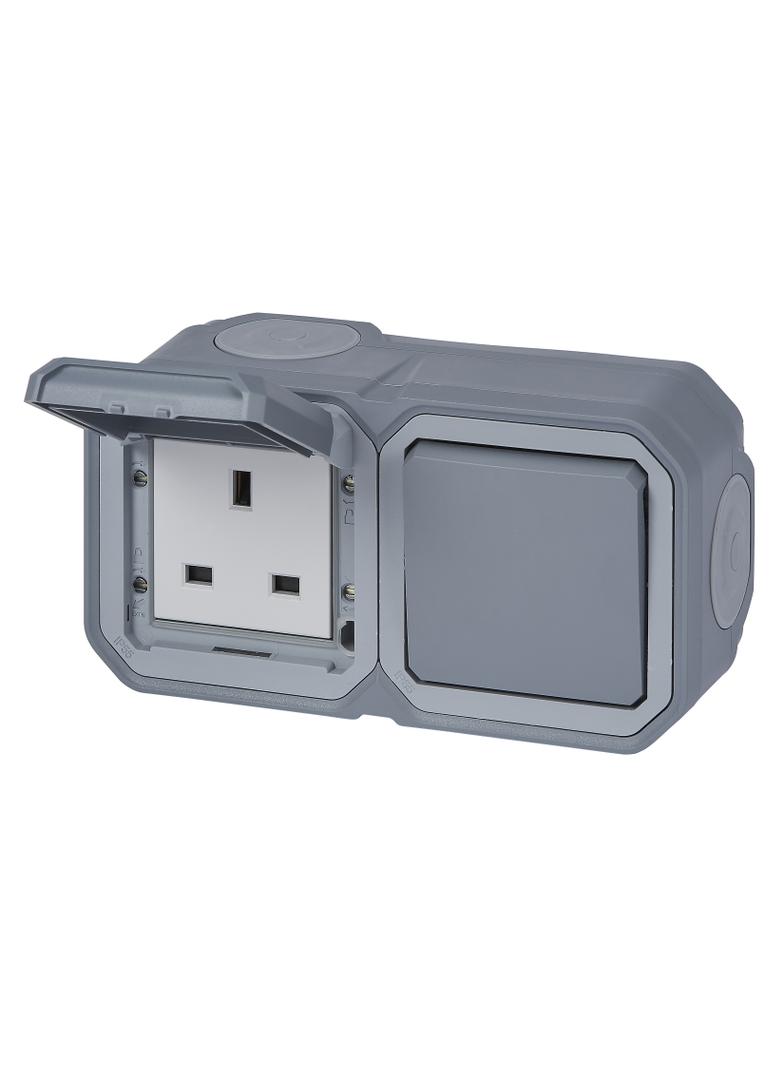 NOWE PLEXO - GN. BRYTYJSKIE 2P+Z + ŁĄCZ. SCHODOWY NATYNKOWE 16A- 250V~ SZARE