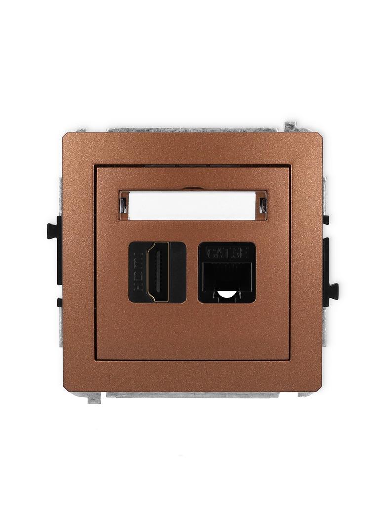 DECO Mechanizm gniazda pojedynczego HDMI 2.0 + gniazda komp. poj. 1xRJ45, kat. 5e, 8-stykowy brązowy