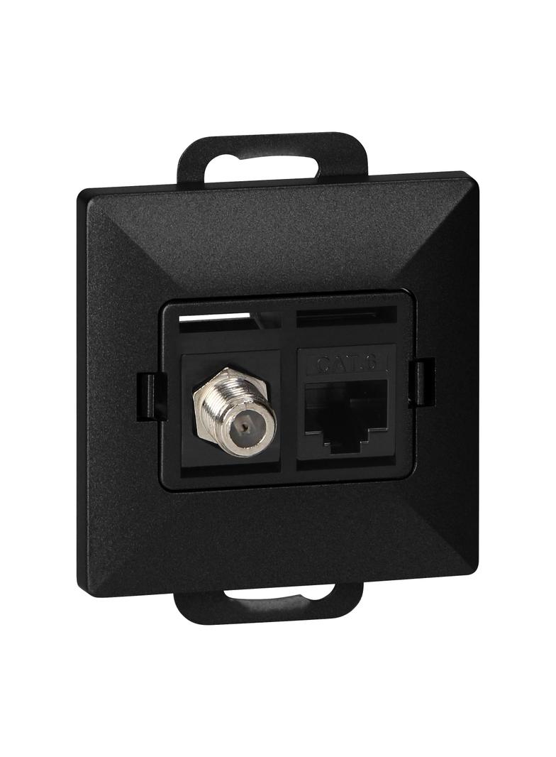 Gniazdo pojed. typu F + Gniazdo 1xRJ45 Cat6 Pearl, TV/F+RJ45/P, czarny