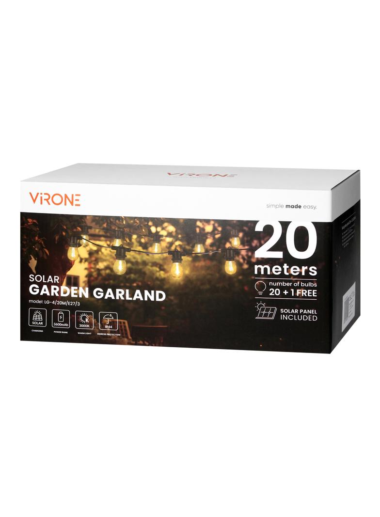 Solarna girlanda oświetleniowa - 1 sznur 20 m (20 opraw) + 20 żarówek LED 0,1W E27, 3000K + 1 żarówk