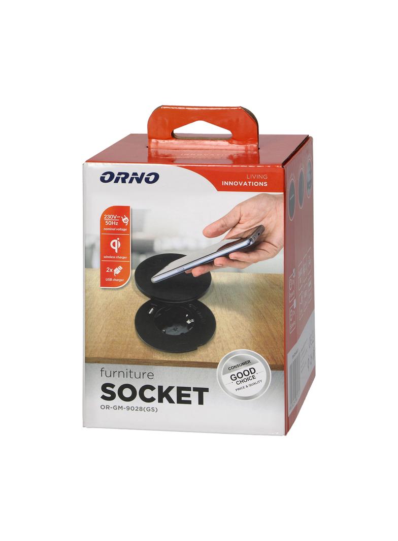 Gniazdo meblowe O6cm z rotacyjną pokrywą ładowarką indukcyjną ładowarką USB i przewodem 1,5m 1x2P OR
