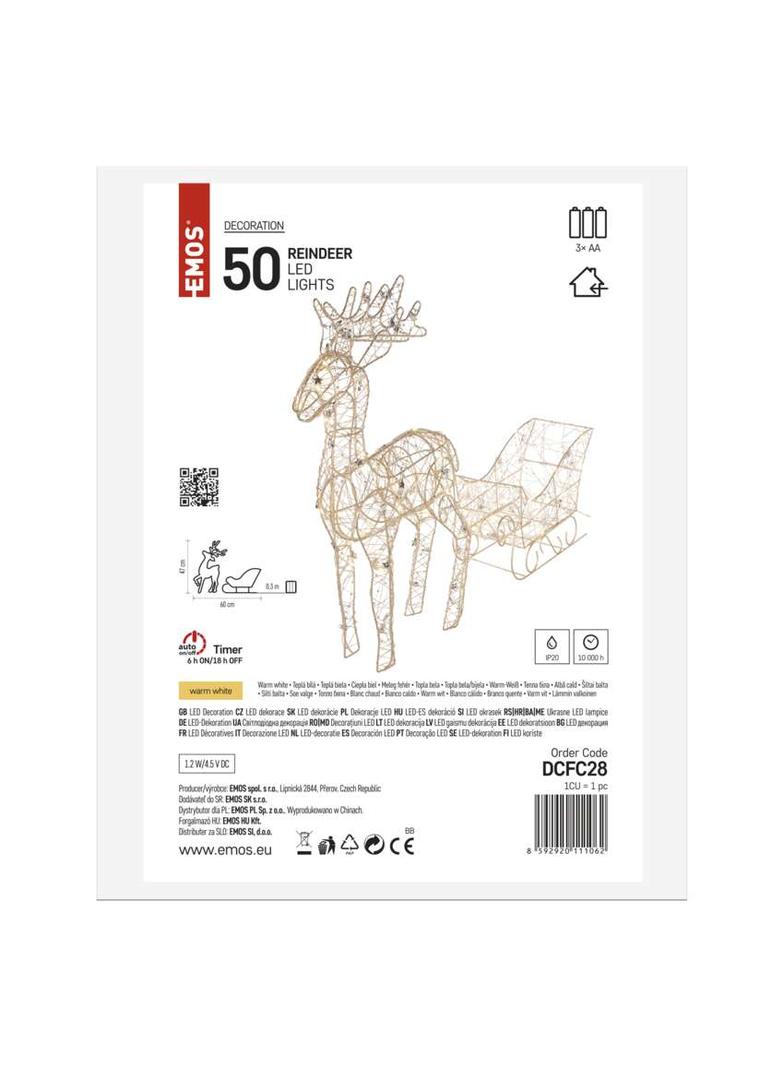 Dekoracja 50 LED renifer z saniami, 47 cm, złoty, 3x AA ciepła biel, IP20, timer DCFC28 EMOS