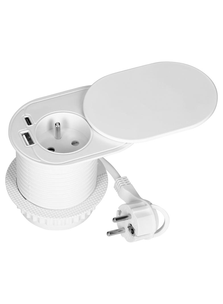 Gniazdo meblowe O6cm, wpuszczane w blat z przesuwną pokrywką, ładowarką USB i przewodem 1,9m, 1x2P+Z