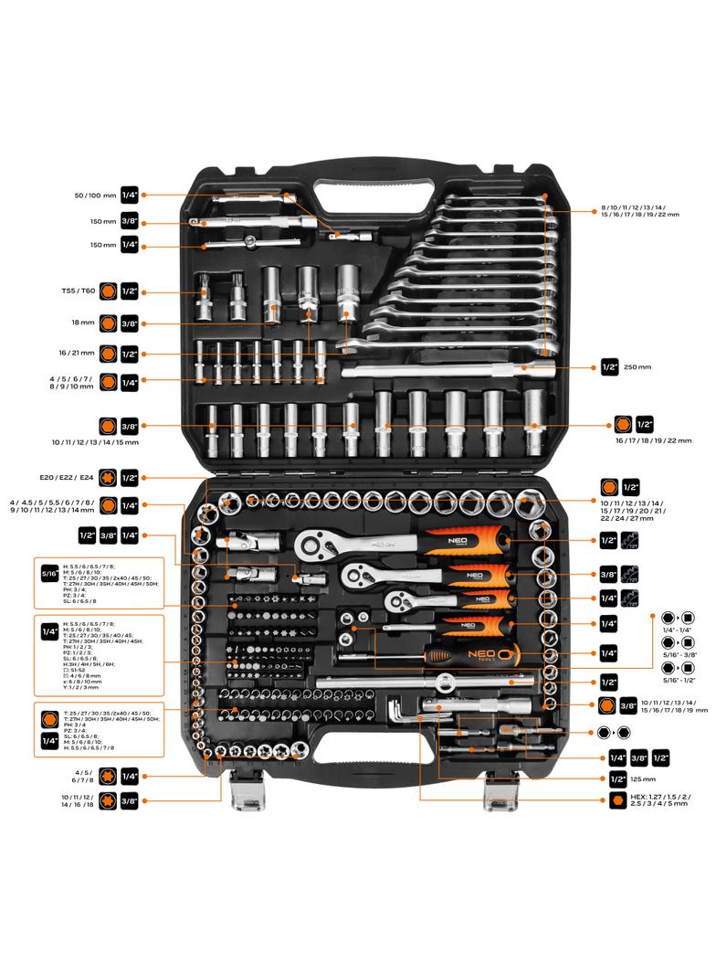 Zestaw kluczy 220 elementów 1/2", 3/8", 1/4"
