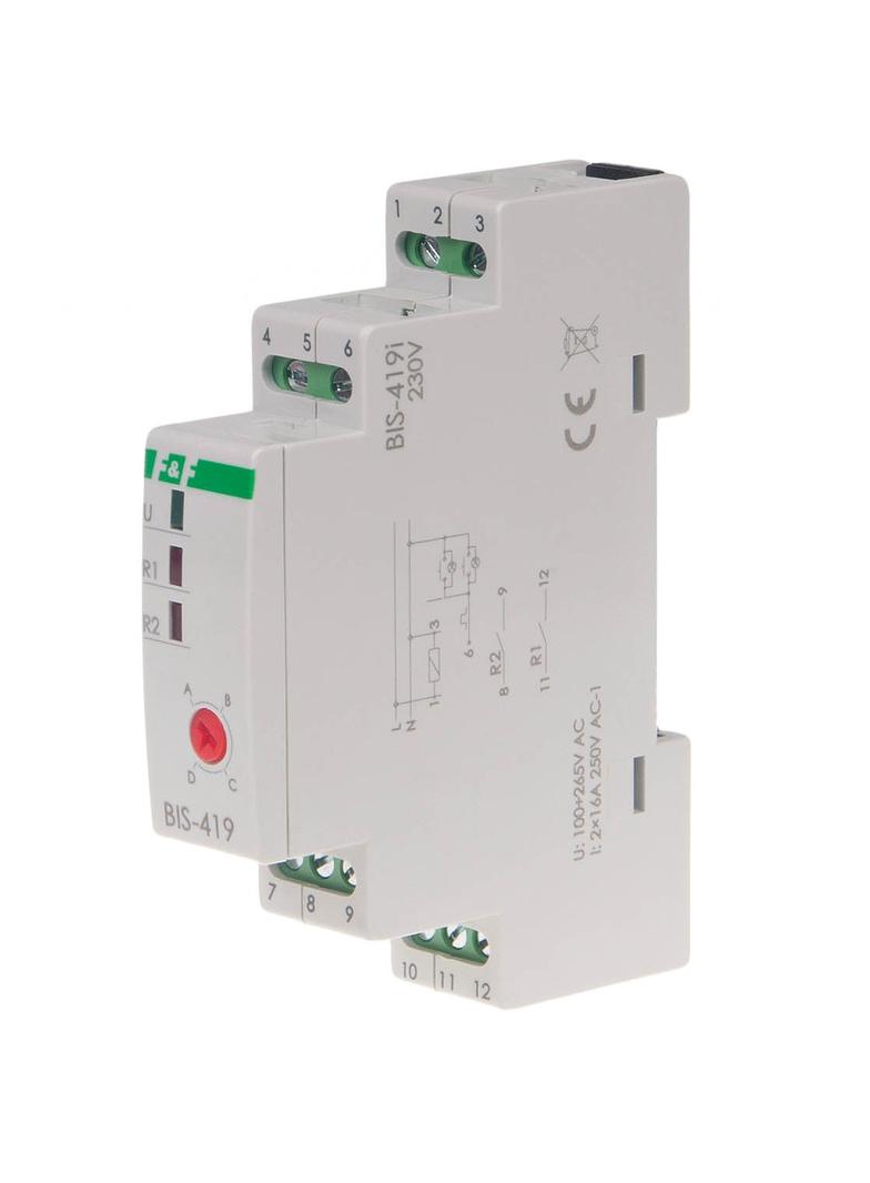 Przekaźnik bistabilny 4 funkcyjny DIN dwa obwody sterowania z przekaźnikiem inrush 160A/20ms BIS-419-LED F&F