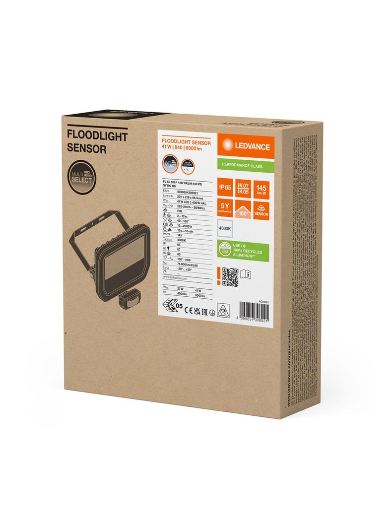 Naświetlacz LED z czujnikiem ruchu FLOODLIGHT sensor PFM G4 27W41W IP65 4000K 145lm/W czarny LEDVANC