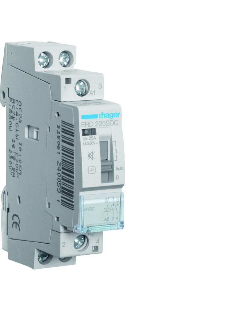 Stycznik modułowy cichy z możliwością sterowania ręcznego 24V DC 2Z 25A POLO ERD225SDC HAGER