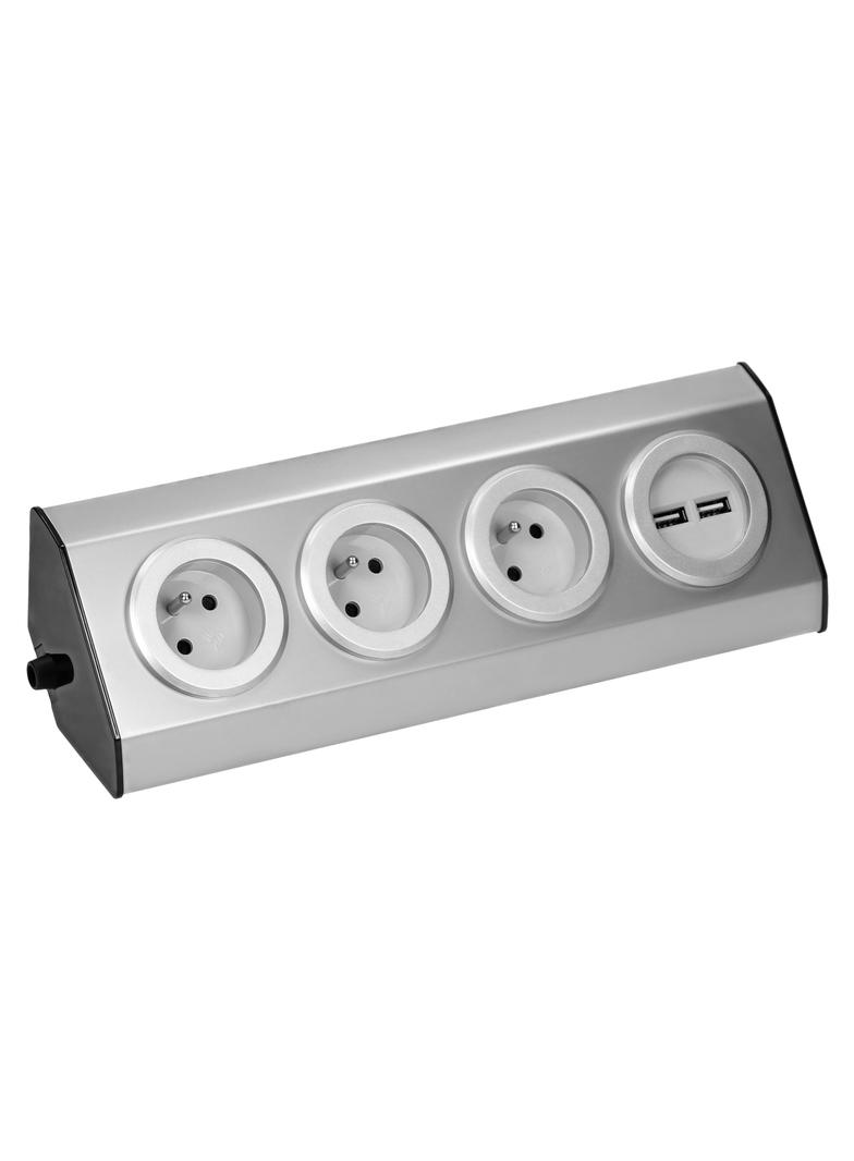 Gniazdo meblowe, kuchenne montowane na rzepy, z ładowarką USB - 3x2P+Z, 2xUSB, INOX. FS-3 ORNO