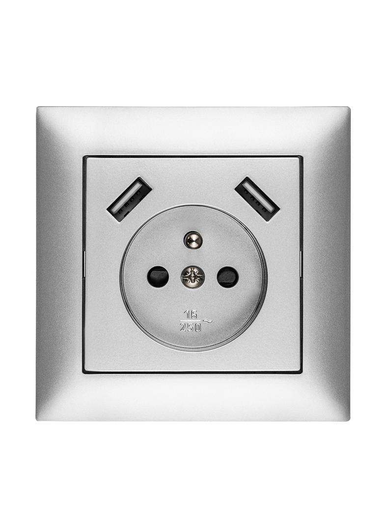 SENTIA Gniazdo poj. z/u  2P+Z 2xUSB IP 20 srebrne