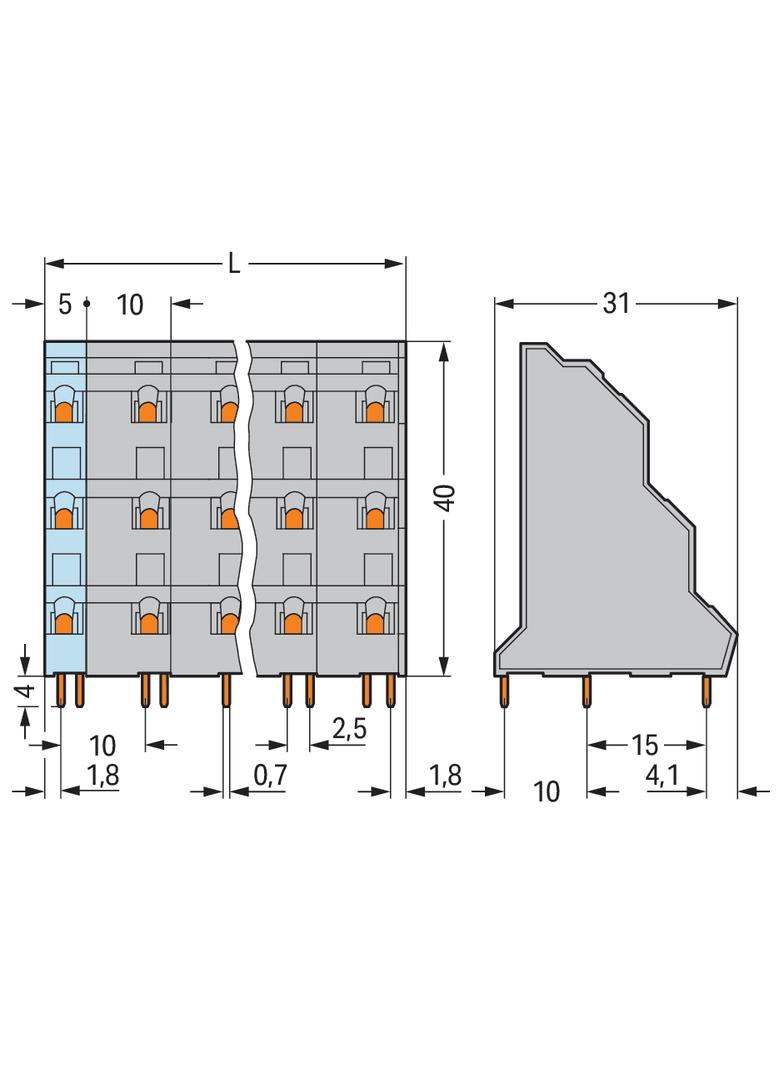 Listwa do płytek drukowanych 3‑piętrowa 4‑biegunowa szara raster 10mm 737‑754 /28szt./ WAGO