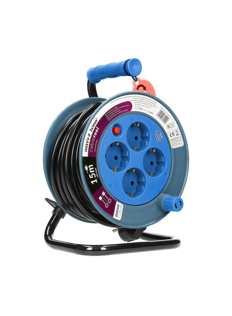 Przedłużacz bębnowy MINI, 4 gniazda 2P+Z (Schuko), metalowy stojak, polwinit H05VV-F 3x1mm2 , długość 15m, turkusowy OR-AE-1339/T(GS) ORNO
