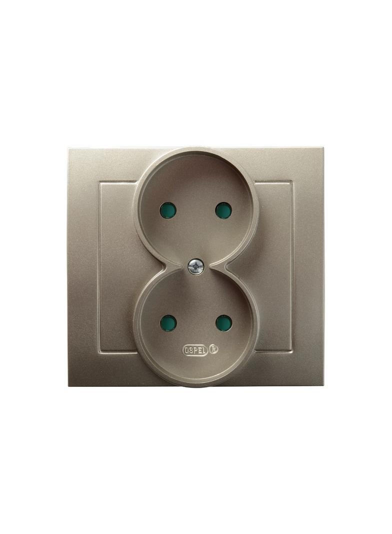 AS Gniazdo podwójne z przesłonami torów prądowych, kompletne z ramką - kolor satyna light