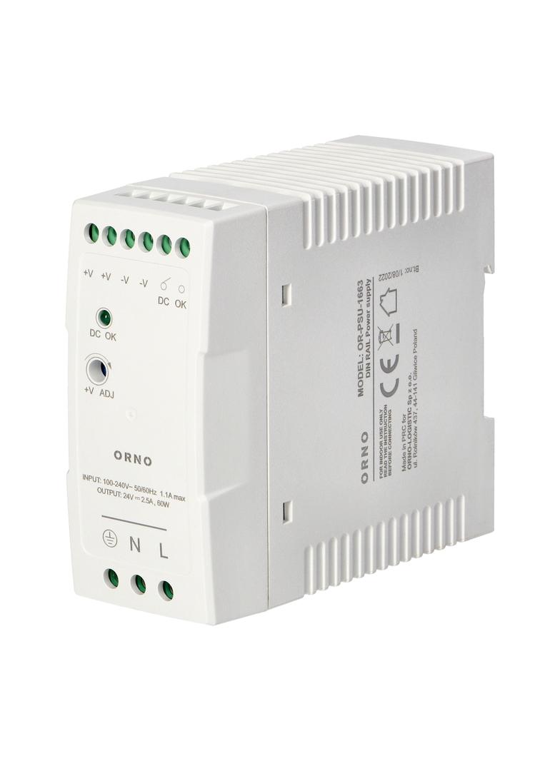 Zasilacz przemysłowy na szynę DIN 24VDC 2,5A 60W obudowa z tworzywa sztucznego OR-PSU-1663 ORNO