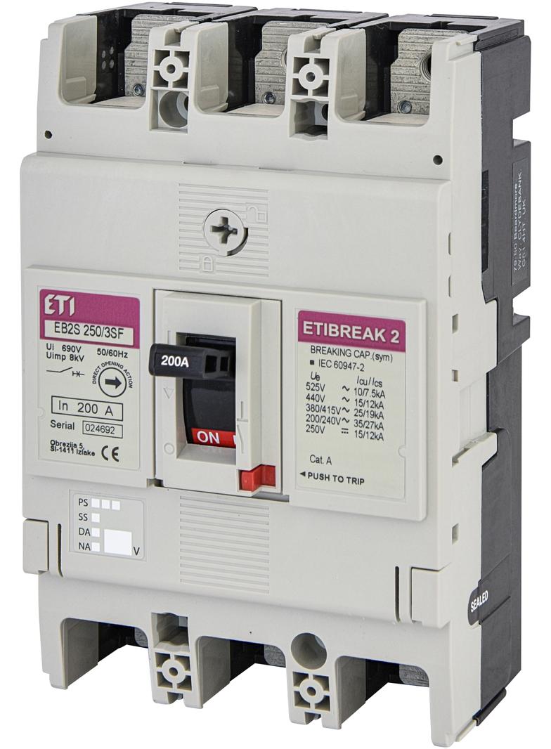 Wyłącznik mocy 3P 25kA wyzw. TM (bez regulacji) EB2S 250/3SF 200A 3P 004671838 ETI