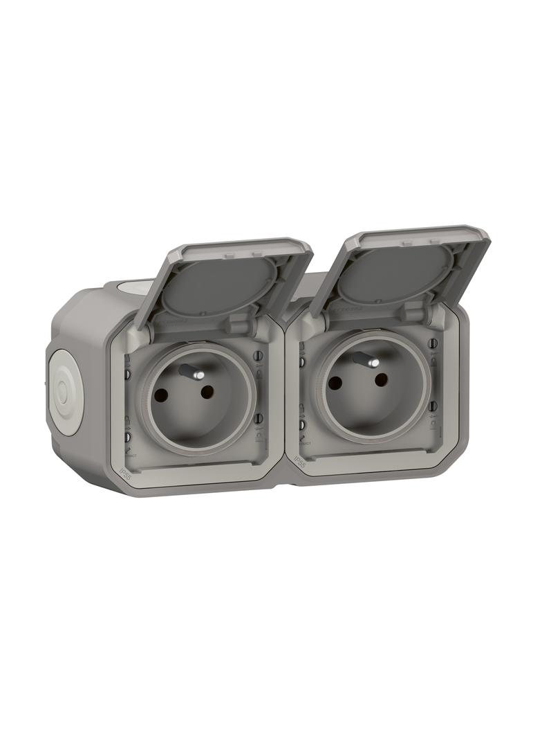 NOWE PLEXO - GNIAZDO 2X2P+Z POZIOME KOMPLET NATYNKOWY 16 A - 250 V~ SZARE