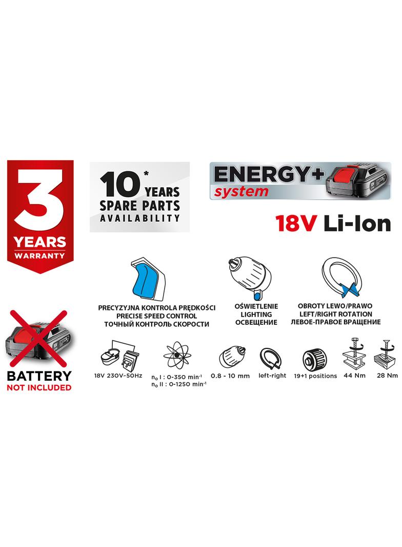 Wiertarko-wkrętarka akumulatorowa Energy+ 18V, Li-Ion, uchwyt 10 mm, bez akumulatora