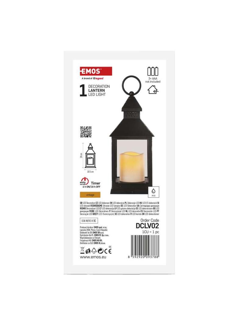 Lampion 1 LED świeczka czarny 24 cm 3x AAA vintage IP20 timer DCLV02 EMOS