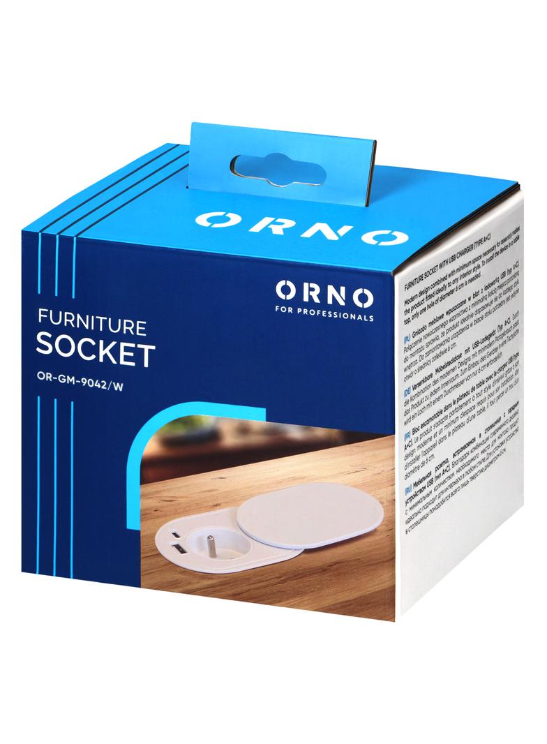 Gniazdo meblowe O6 cm wpuszczane w blat z przesuwną pokrywką ładowarką USB i przewodem 1,9m 1x2P+Z OR-GM-9042/W ORNO