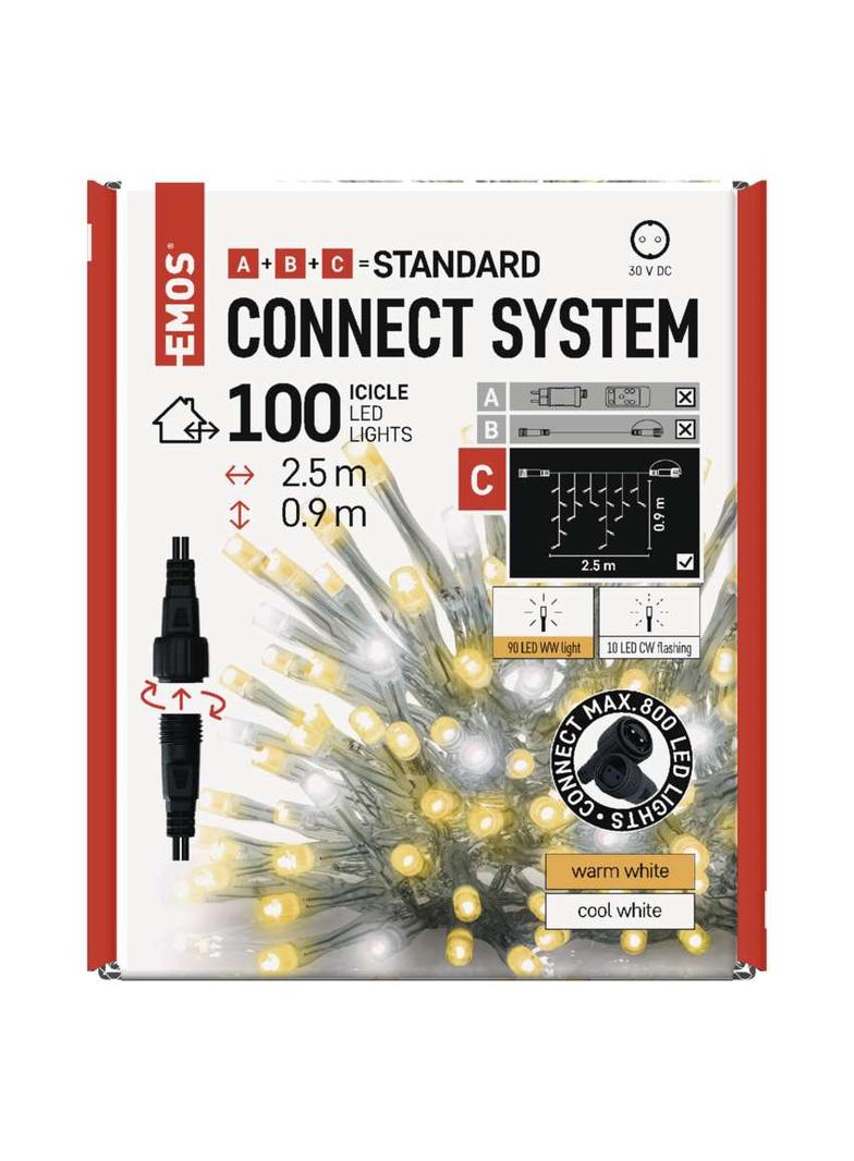 Lampki choinkowe łączone Standard sople 100LED 2,5 m ciepła biel+ciepła biel miga IP44 timer D1CN01 EMOS