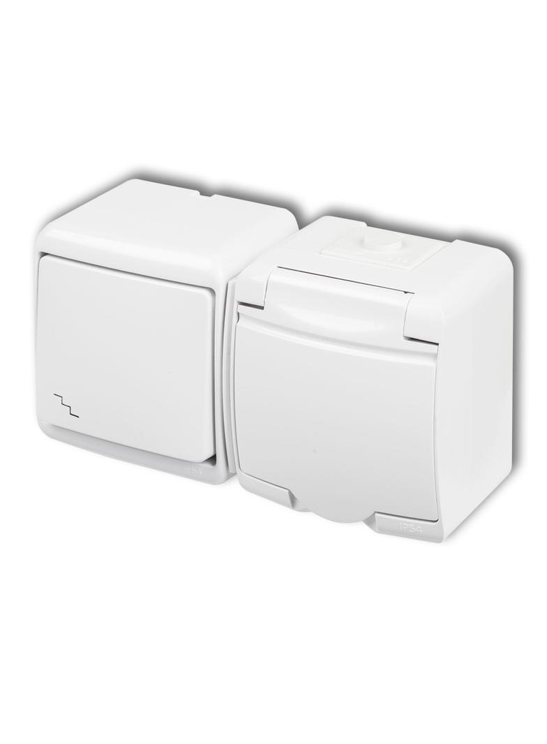 JUNIOR Łącznik schodowy z gniazdem pojedynczym z uziemieniem 2P+Z (klapka biała; bez przesłon) biały