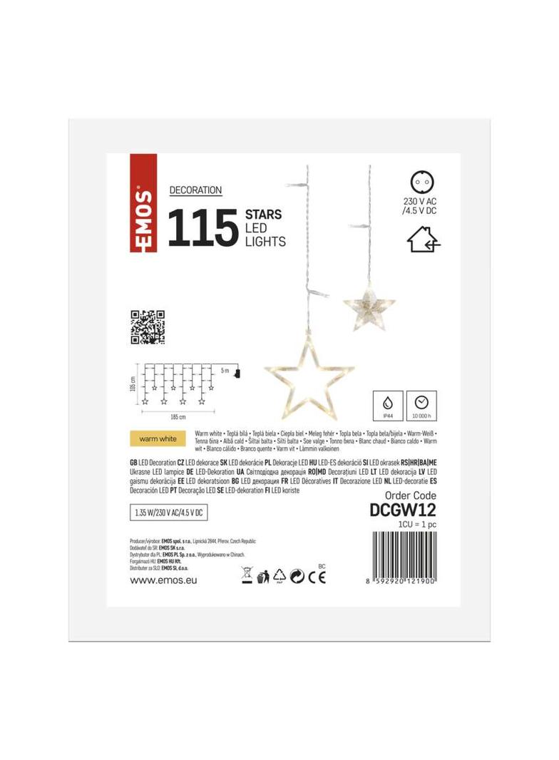 Dekoracje sople gwiazdki kurtyna 115 LED 185x105 cm ciepła biel, IP44 DCGW12 EMOS