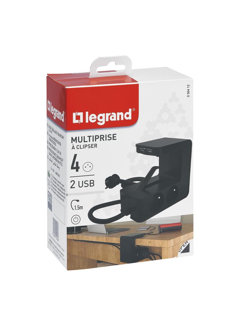 PRZEDŁUŻACZ Z KLIPSEM 4X2P+Z, 2XUSB A, Z PRZEWODEM 1.5 METRA 3X1.5 MM2 - CZARNY, Legrand