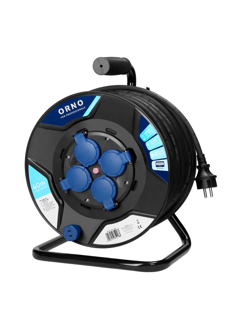 Przedłużacz bębnowy, 4 gniazda 2P+Z, kabel PVC H07RN-F 3x2,5mm2, długość 40m, termik, przesłony toró