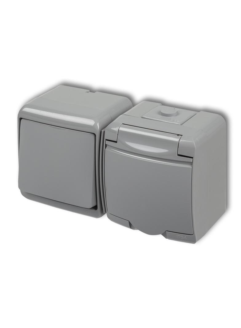 JUNIOR Łącznik jednobiegunowy z gniazdem pojedynczym z uziemieniem 2P+Z (klapka popielata; bez przes