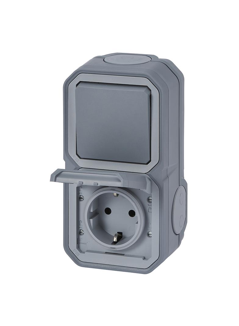 NOWE PLEXO - GN. SCHUKO 2P+Z + ŁĄCZ. SCHODOWY KOMPLET NATYNKOWY 16A- 250V~ SZARE