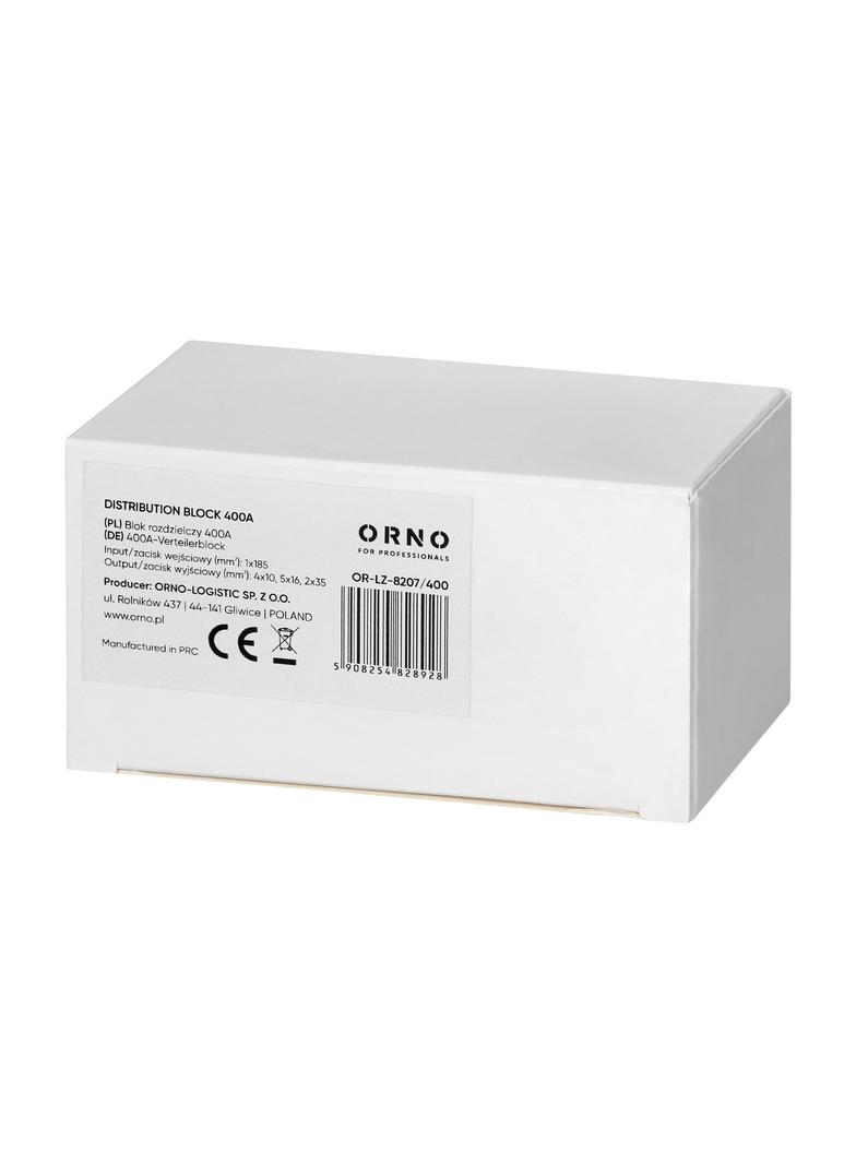 Blok rozdzielczy 400A, zacisk wejściowy 1x185mm2, zaciski wyjściowe 4x10 i 5x16 i 2x35mm2, wygodne m OR-LZ-8207/400 ORNO